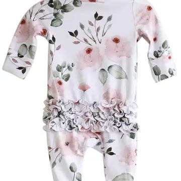 Millie's Dusty Rose Floral Ruffle Zipper Footie | 0-3m