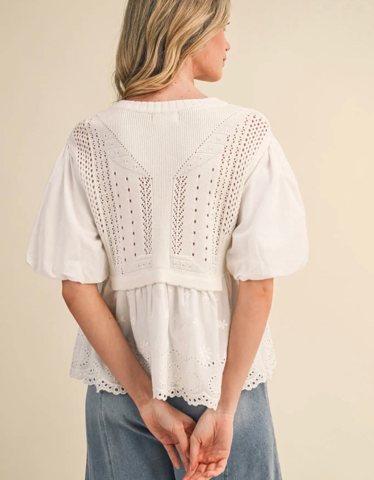 Off White Bubble Sleeve Sweater Top