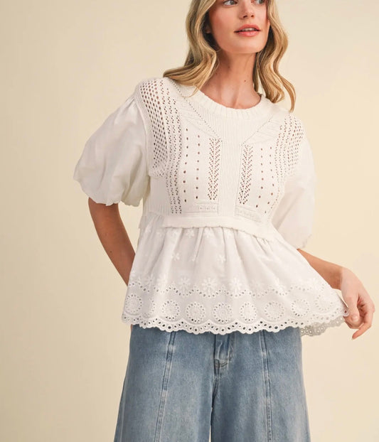 Off White Bubble Sleeve Sweater Top