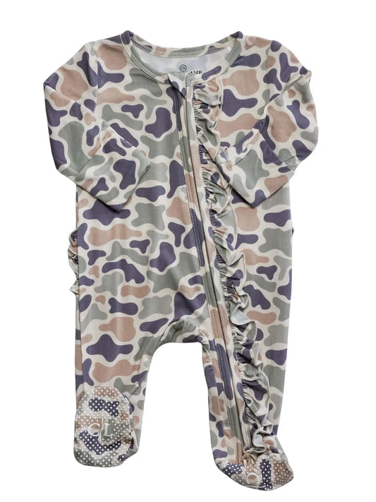Camo Cutie Ruffle Bamboo Zipper Footie | 3-6m