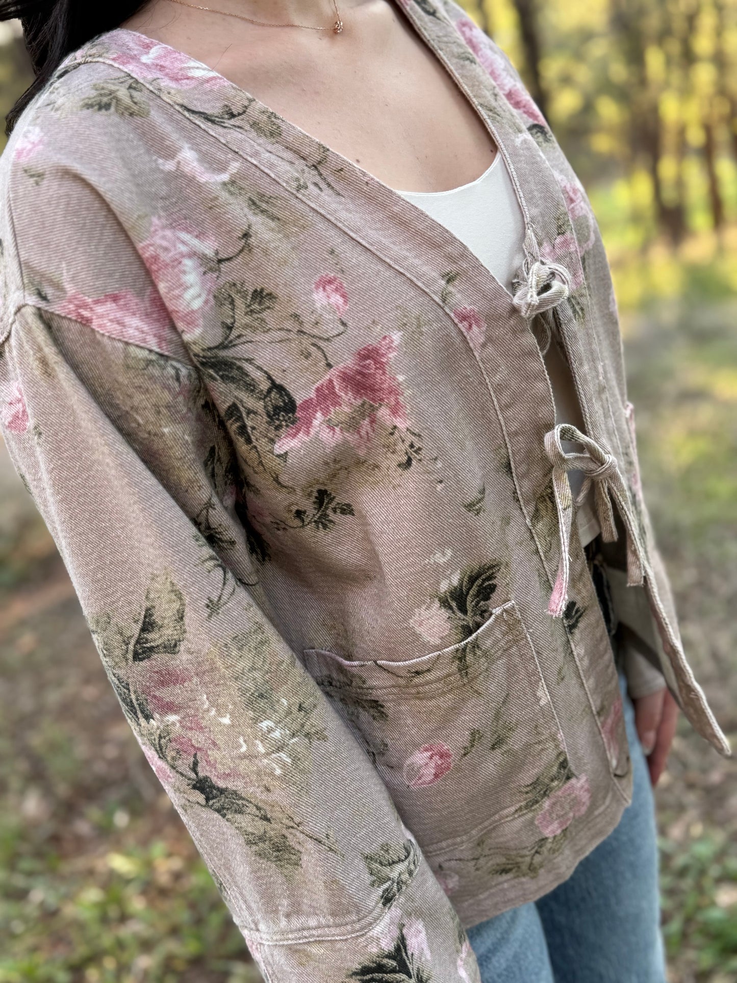 Vintage Floral Canvas Denim Tie Shacket