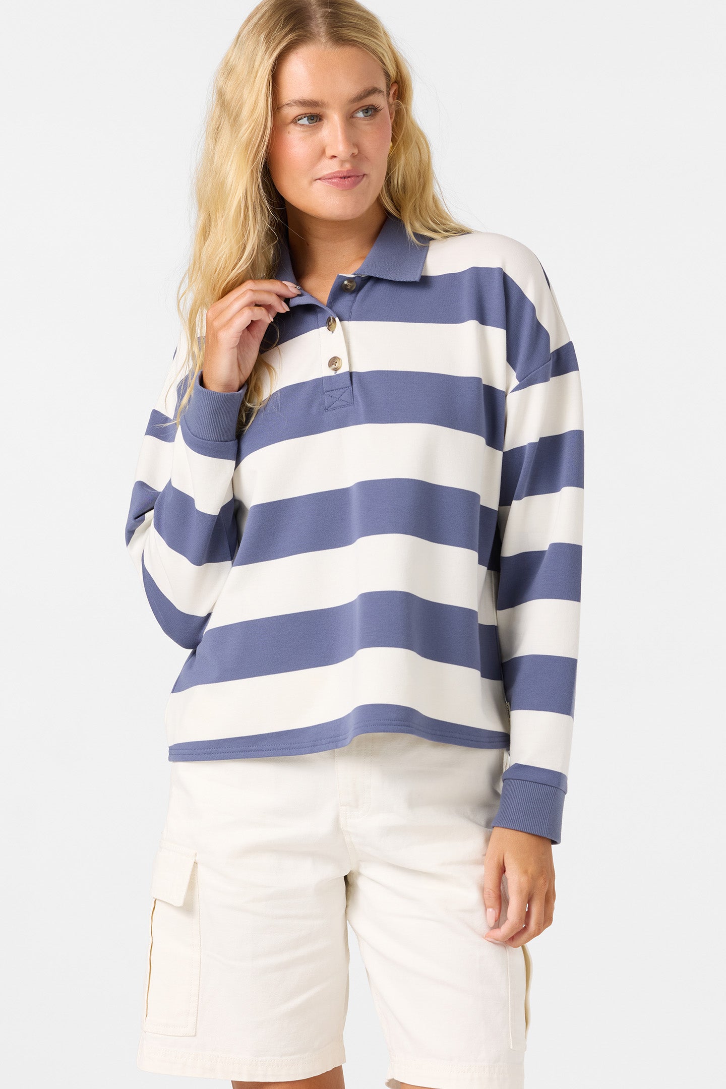 O’Neill O’Riginals Kyra Long Sleeve Crop Polo Top | Nightshadow Blue