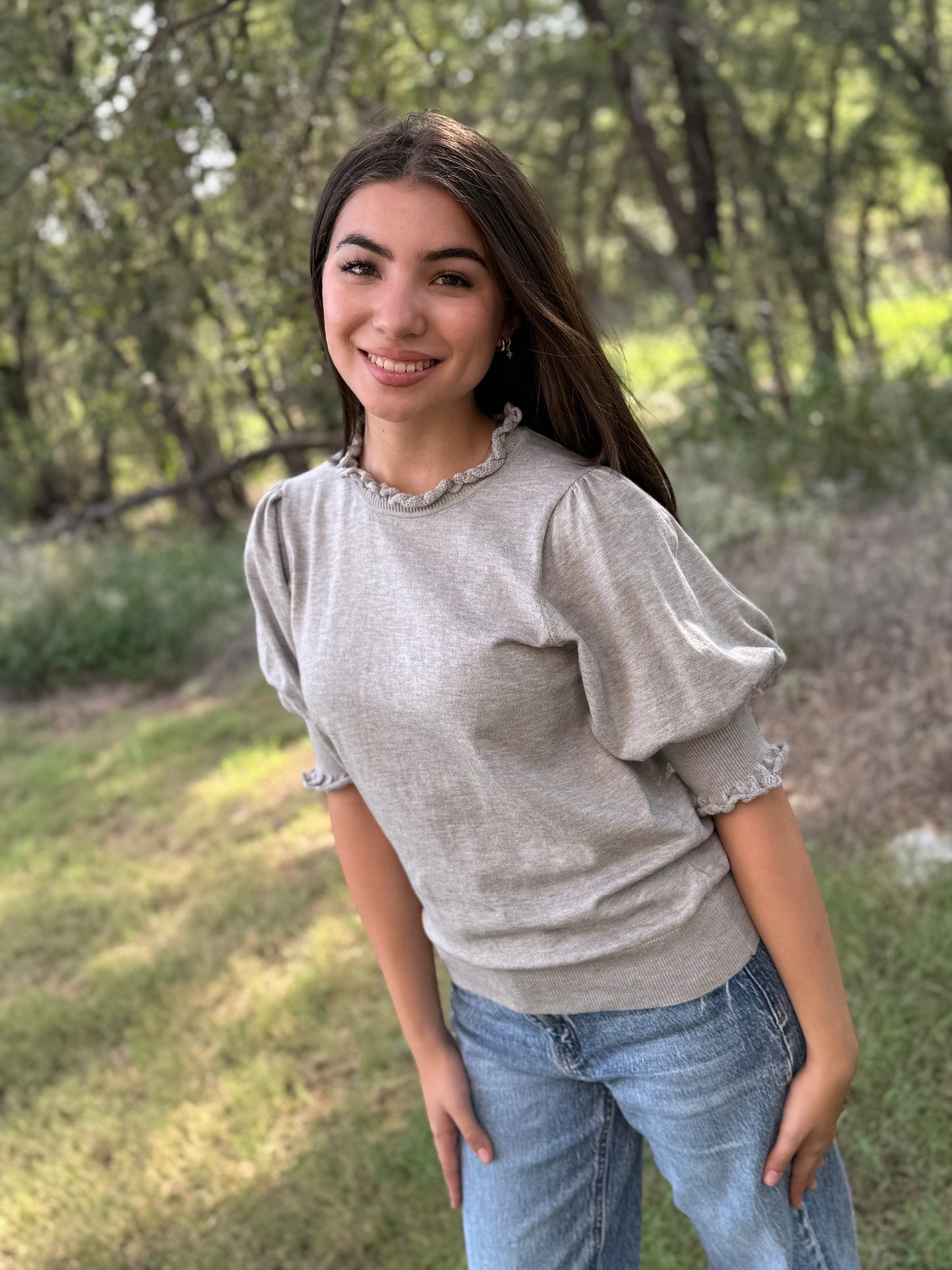 Heather Grey Ruffled Trim Sweater