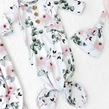 Millie's Dusty Rose Garden Baby Knot Gown & Hat Set