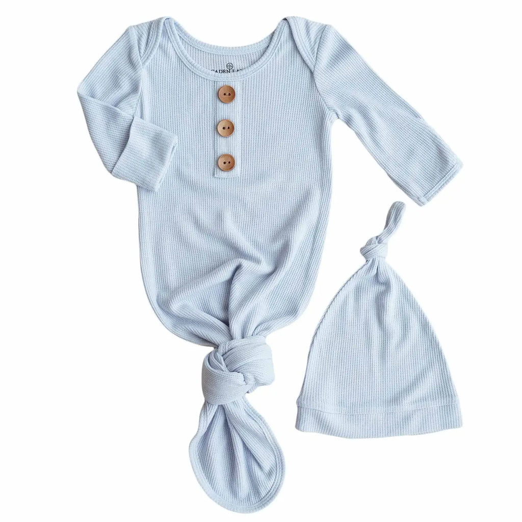 Caden Lane | Ice Blue Bamboo Waffle Baby Knot Gown & Hat Set