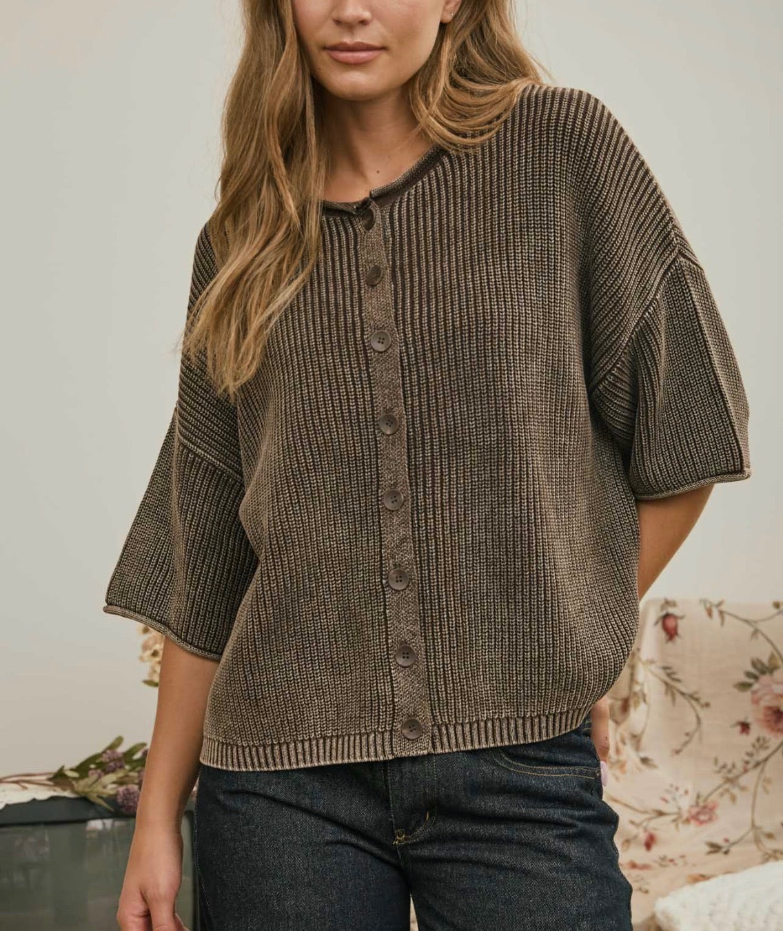 Washed Ribbed Cardigan Sweater