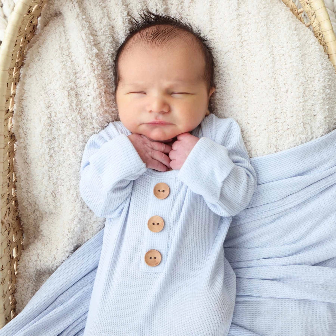 Caden Lane | Ice Blue Bamboo Waffle Baby Knot Gown & Hat Set