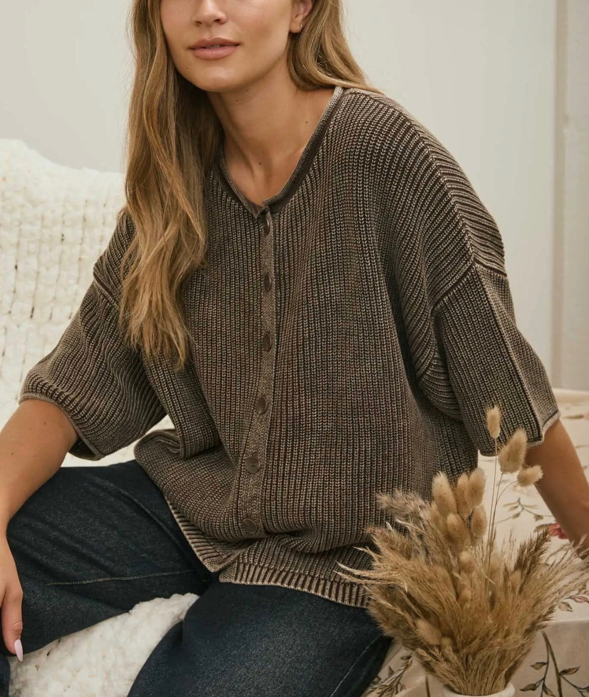 Washed Ribbed Cardigan Sweater