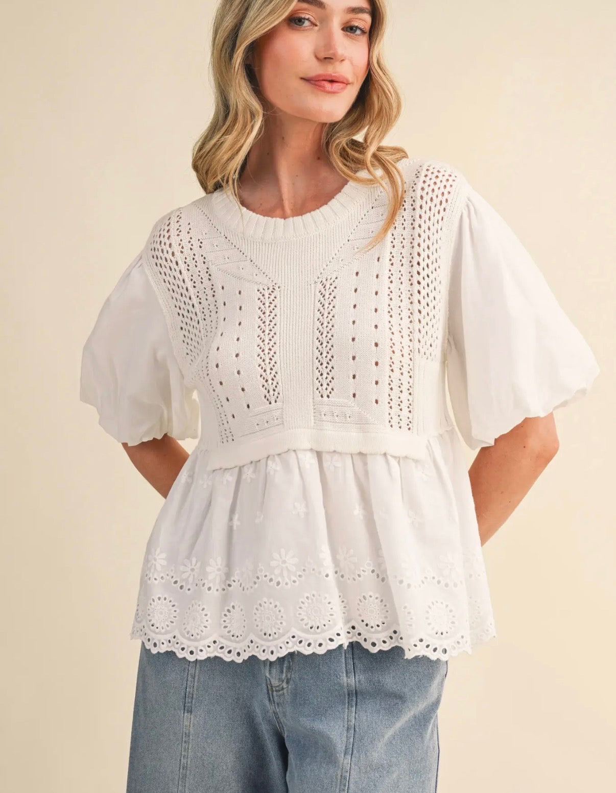 Off White Bubble Sleeve Sweater Top