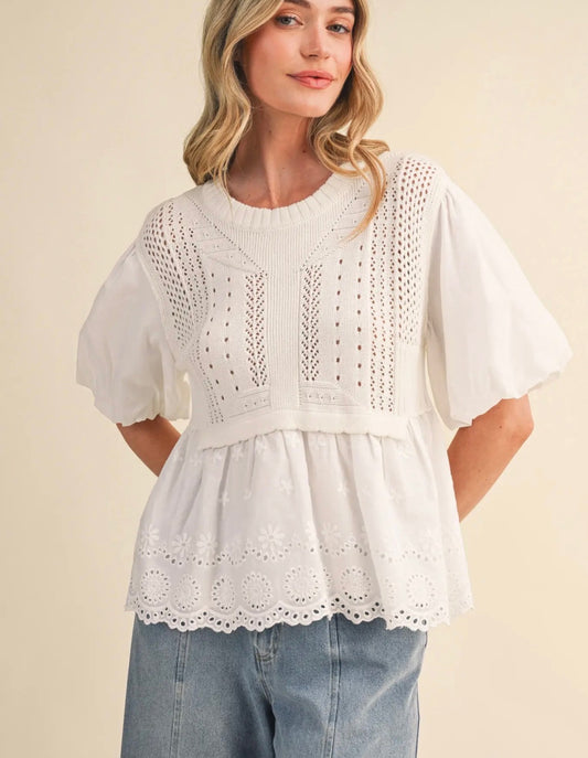 Off White Bubble Sleeve Sweater Top