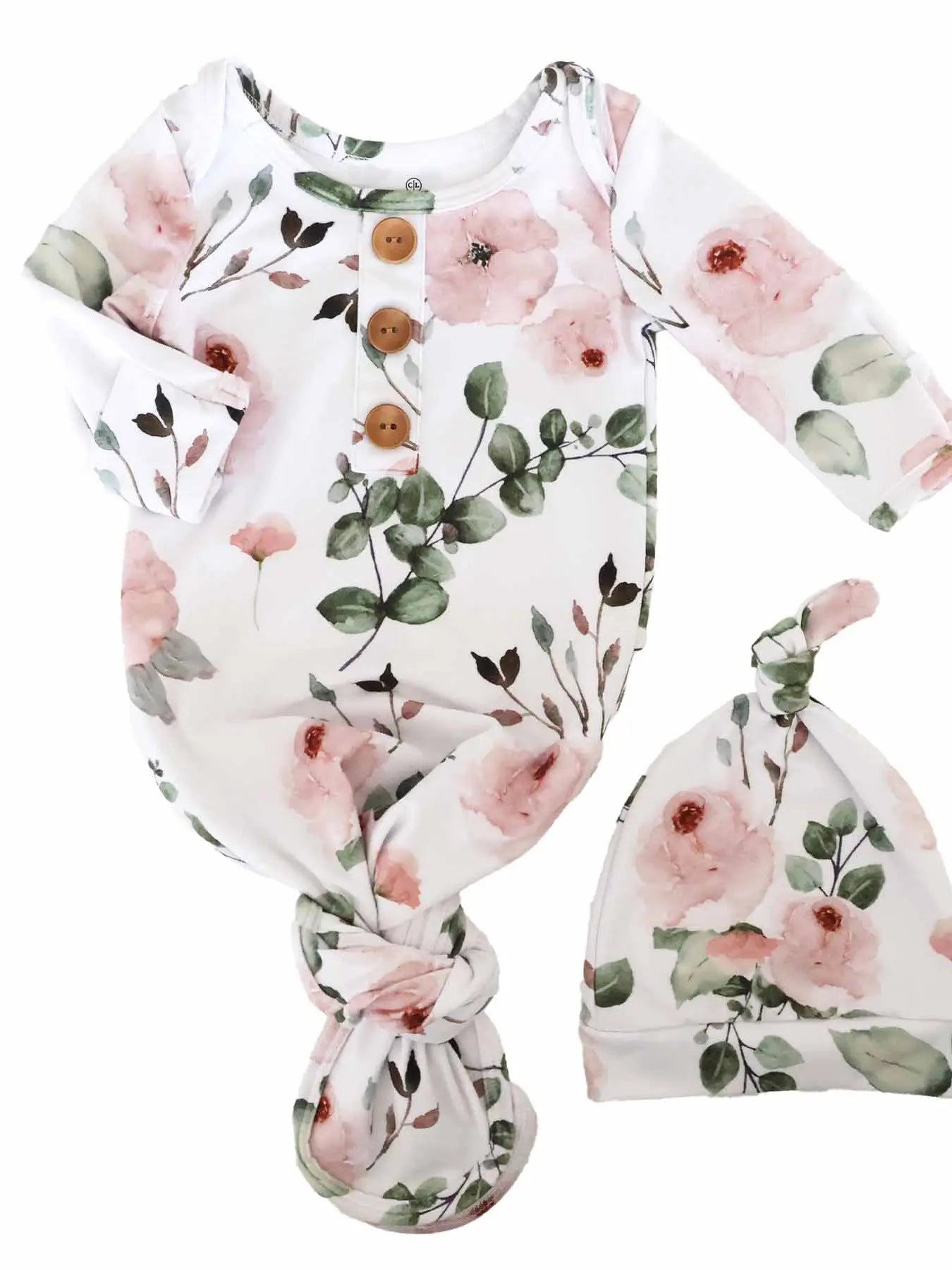 Millie's Dusty Rose Garden Baby Knot Gown & Hat Set