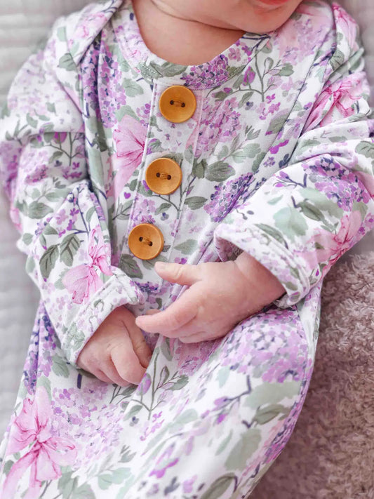 Lavender Lullaby Baby Knot Gown & Hat Set