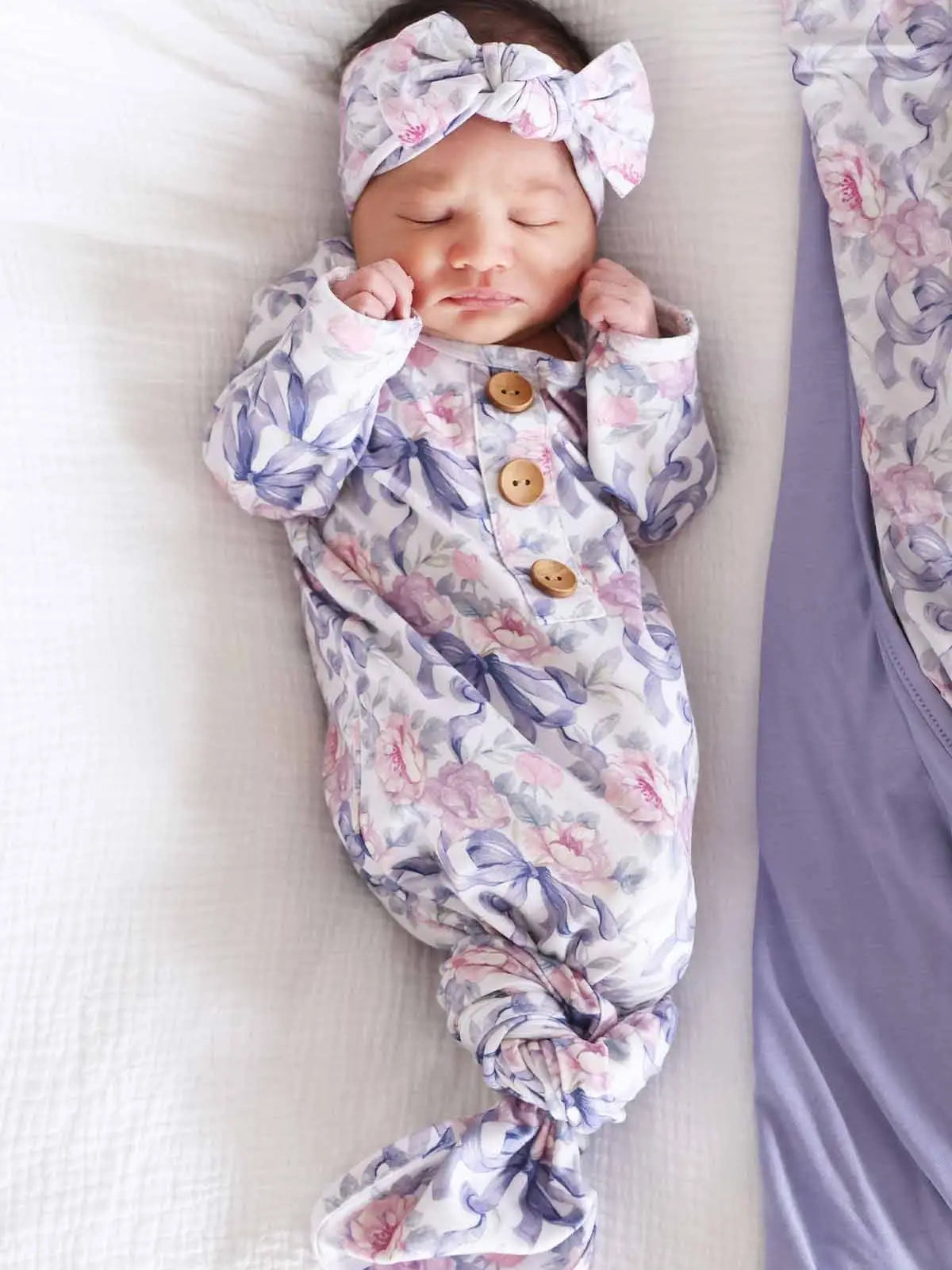 Leighton's Lavender Baby Knot Gown & Hat Set