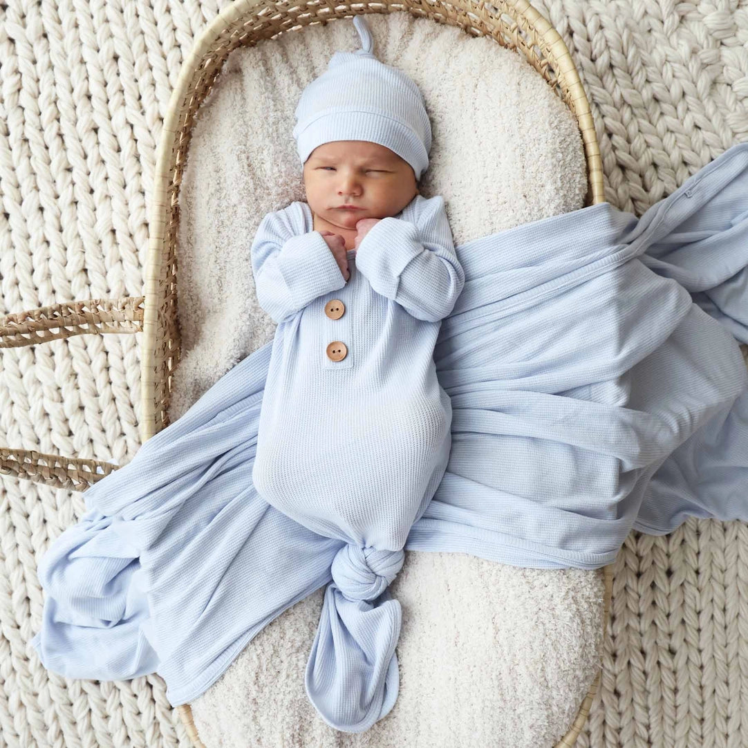 Caden Lane | Ice Blue Bamboo Waffle Baby Knot Gown & Hat Set