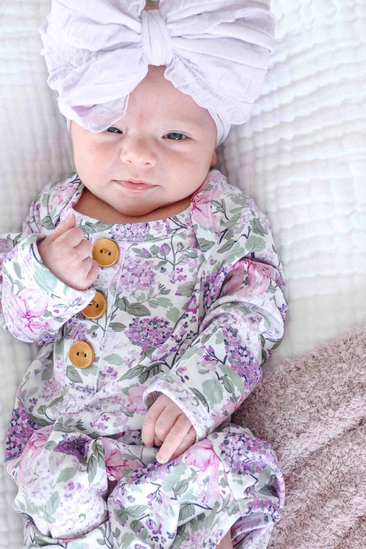 Lavender Lullaby Baby Knot Gown & Hat Set