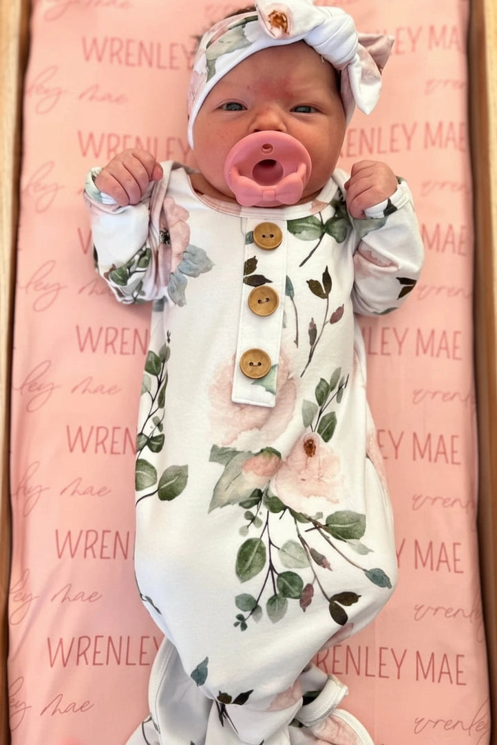 Millie's Dusty Rose Garden Baby Knot Gown & Hat Set