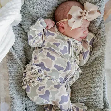 Camo Cutie Ruffle Bamboo Zipper Footie | 3-6m