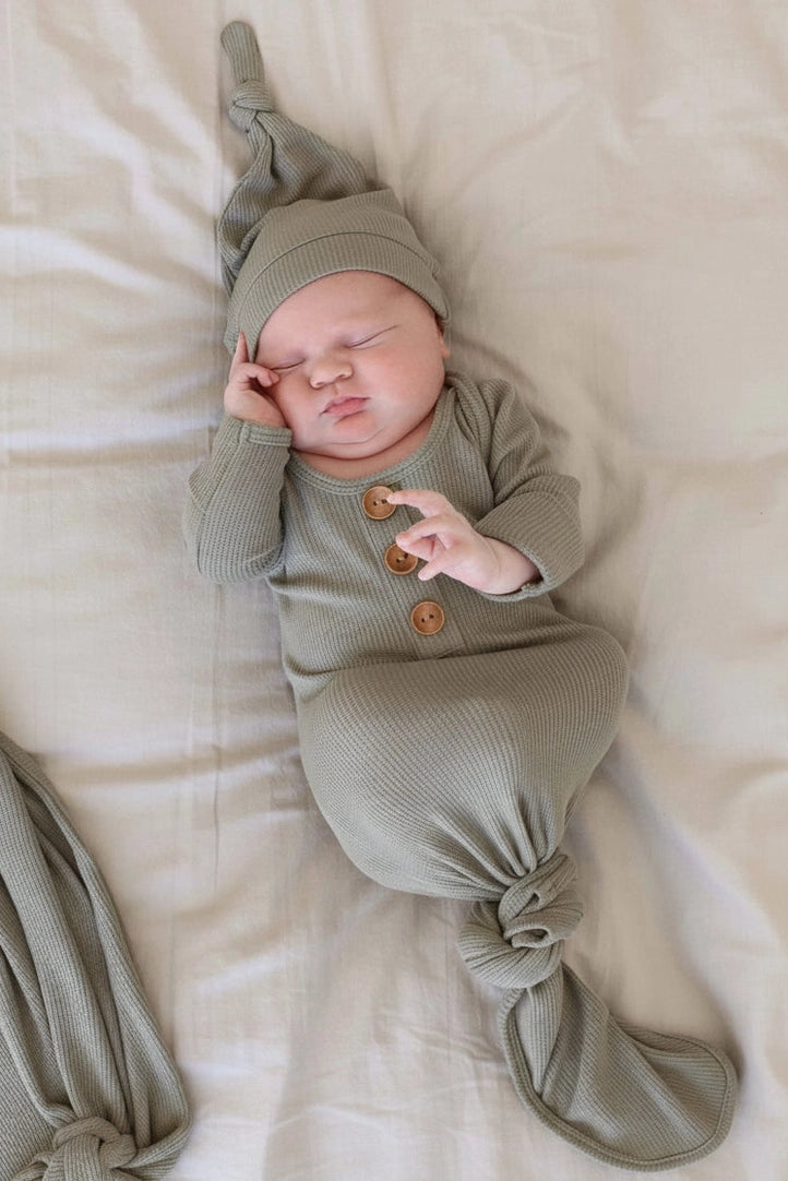 Eucalyptus Bamboo Waffle Baby Knot Gown & Hat