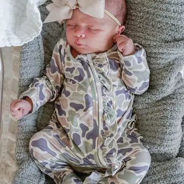 Camo Cutie Ruffle Bamboo Zipper Footie | 3-6m