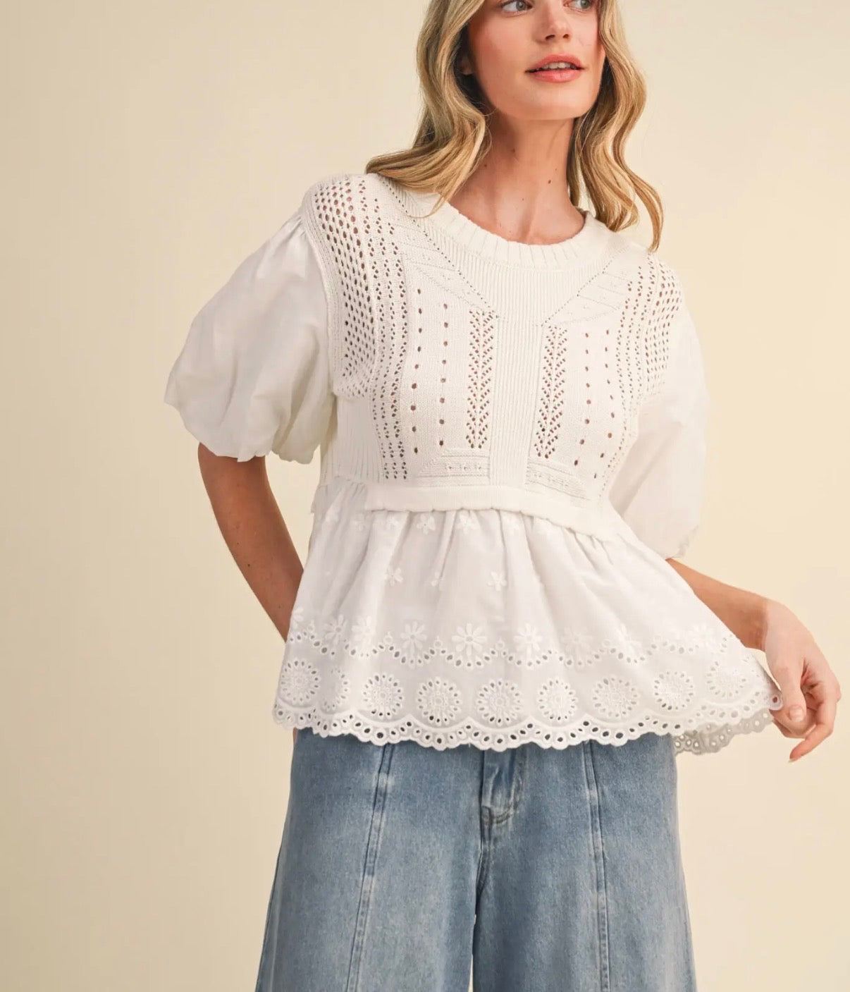 Off White Bubble Sleeve Sweater Top