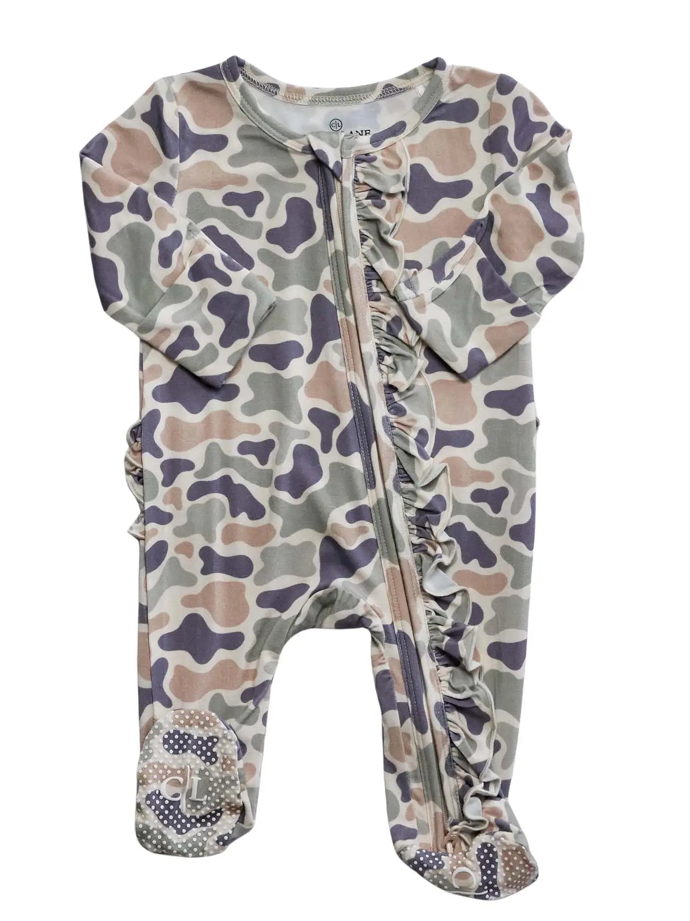 Camo Cutie Ruffle Bamboo Zipper Footie | 3-6m