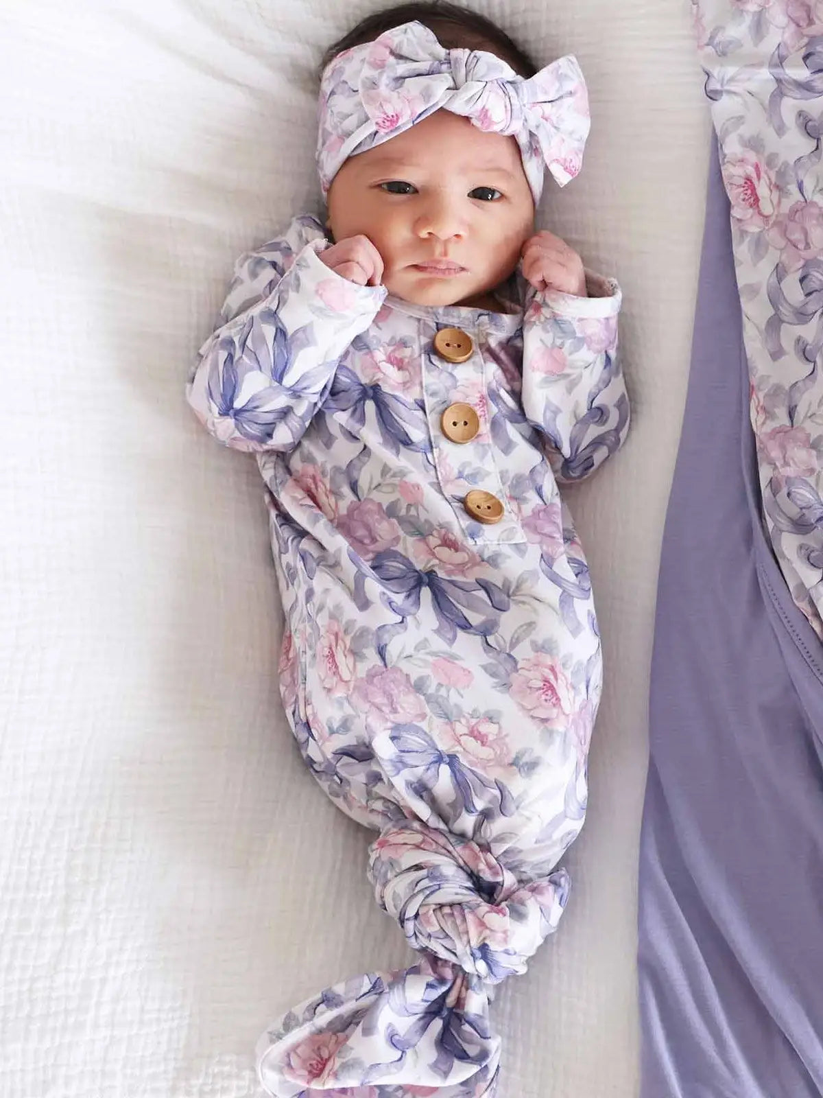 Leighton's Lavender Baby Knot Gown & Hat Set