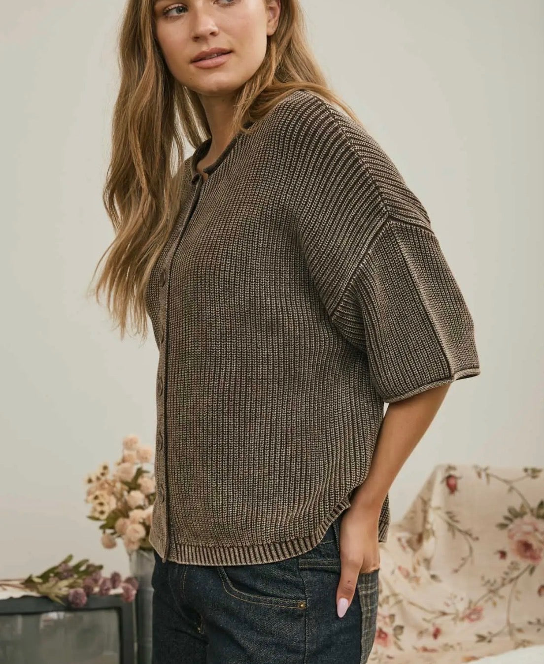 Washed Ribbed Cardigan Sweater