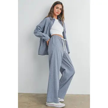 Dusty Blue Check Drawstring Pants