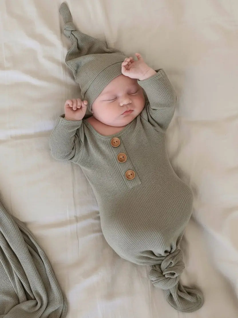Eucalyptus Bamboo Waffle Baby Knot Gown & Hat