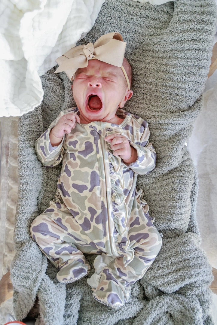 Camo Cutie Ruffle Bamboo Zipper Footie | 3-6m