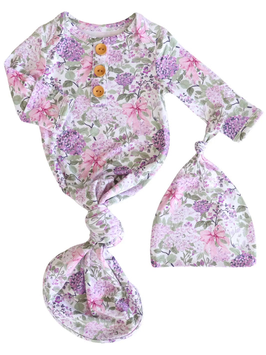 Lavender Lullaby Baby Knot Gown & Hat Set
