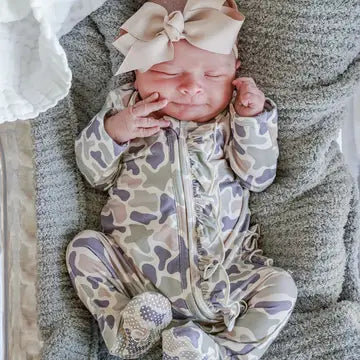 Camo Cutie Ruffle Bamboo Zipper Footie | 3-6m