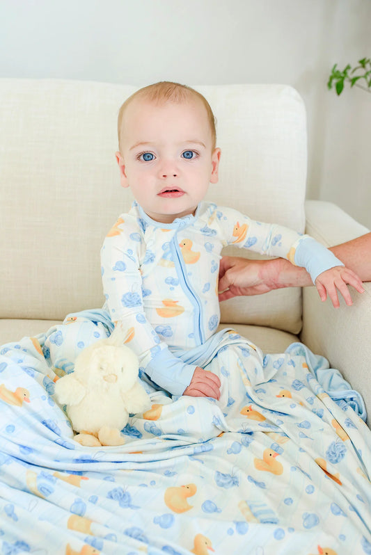 Bubble Duckies Blue Convertible Bamboo Zip Romper | 0-3m