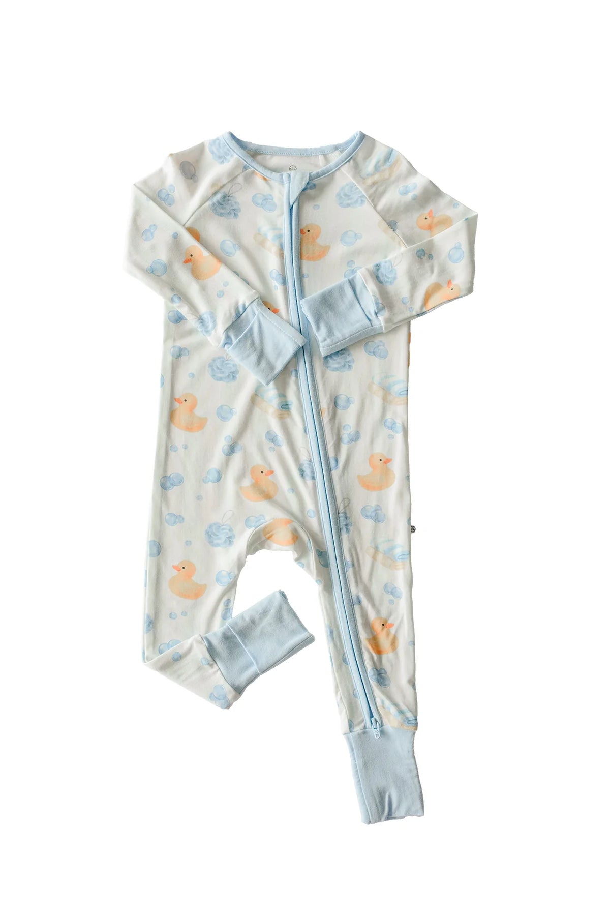 Caden Lane | Bubble Duckies Blue Convertible Bamboo Zip Romper | 0-3m