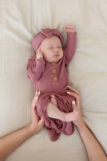 Caden Lane | Boysenberry Bamboo Waffle Baby Knot Gown & Hat Set