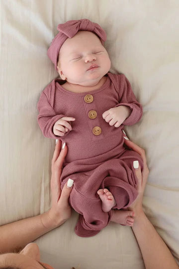 Caden Lane | Boysenberry Bamboo Waffle Baby Knot Gown & Hat Set