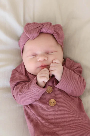 Caden Lane | Boysenberry Bamboo Waffle Baby Knot Gown & Hat Set