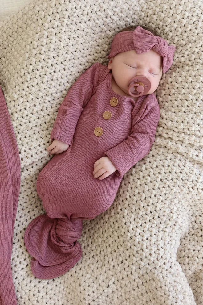 Caden Lane | Boysenberry Bamboo Waffle Baby Knot Gown & Hat Set