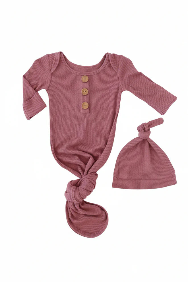 Caden Lane | Boysenberry Bamboo Waffle Baby Knot Gown & Hat Set