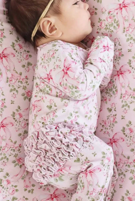 Bows In Bloom Ruffle Zipper Footie | 0-3m