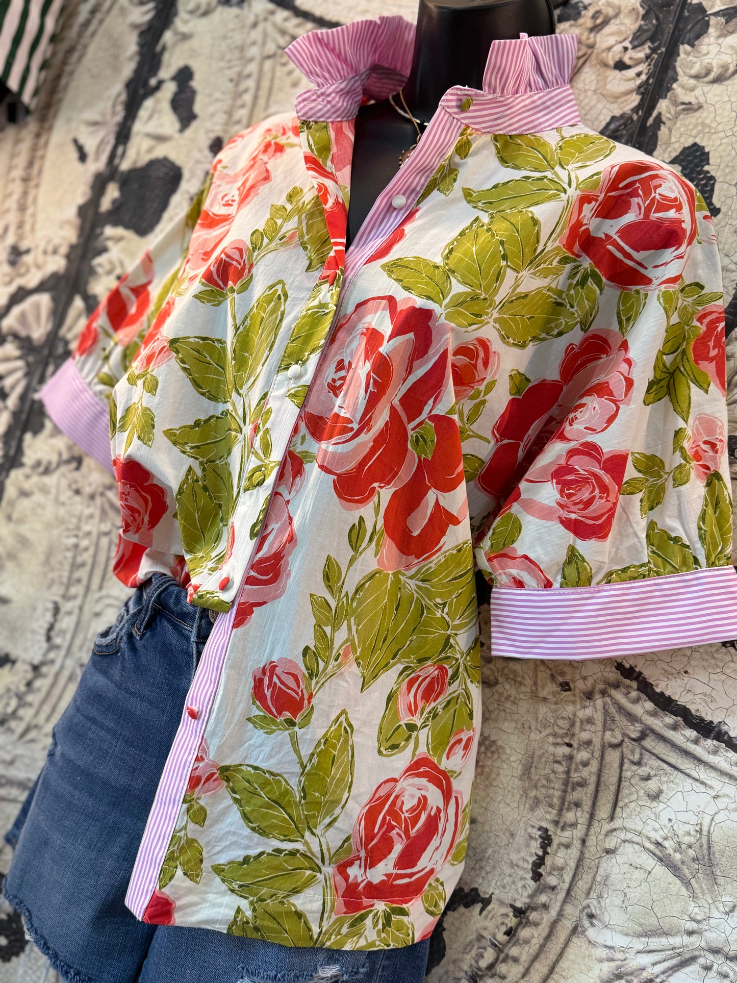 Pink Stripe Ruffle Collar Blouse