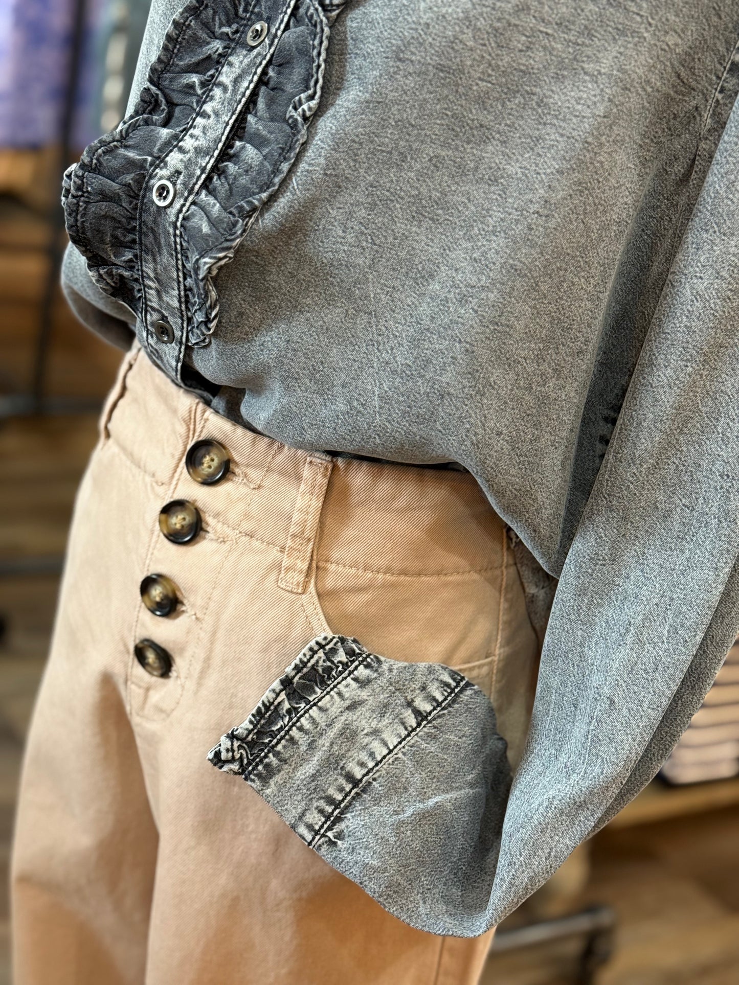 Ruffled Chambray Denim Shirt