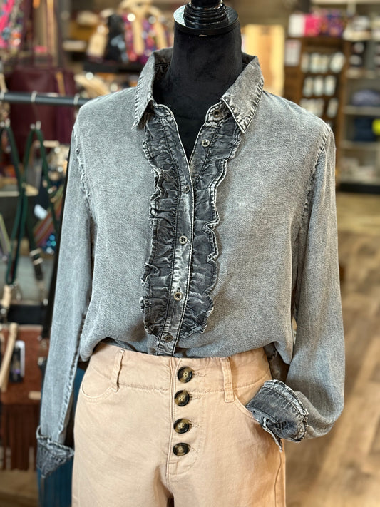 Ruffled Chambray Denim Shirt