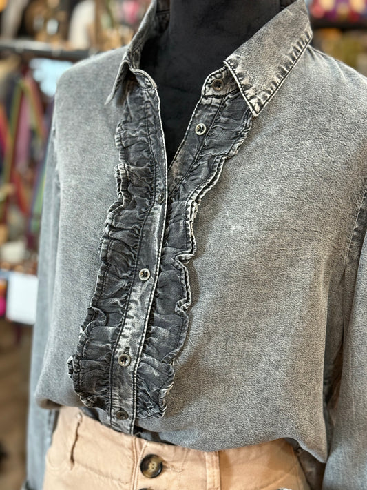 Ruffled Chambray Denim Shirt