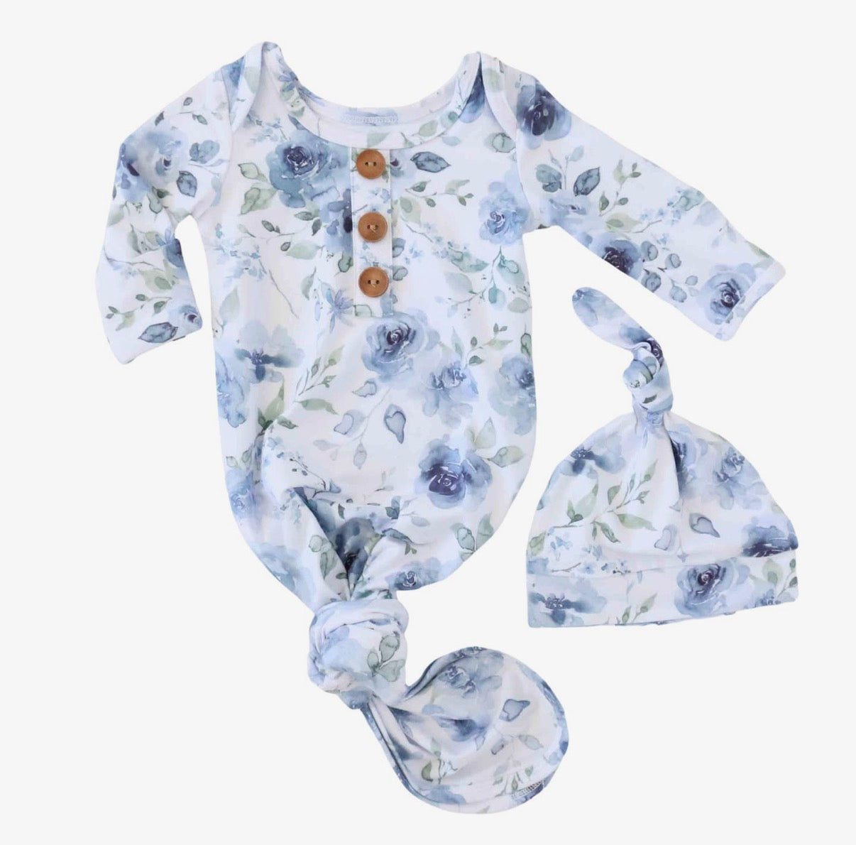 Bailey’s Blue Floral Baby Knot Gown and Hat Set