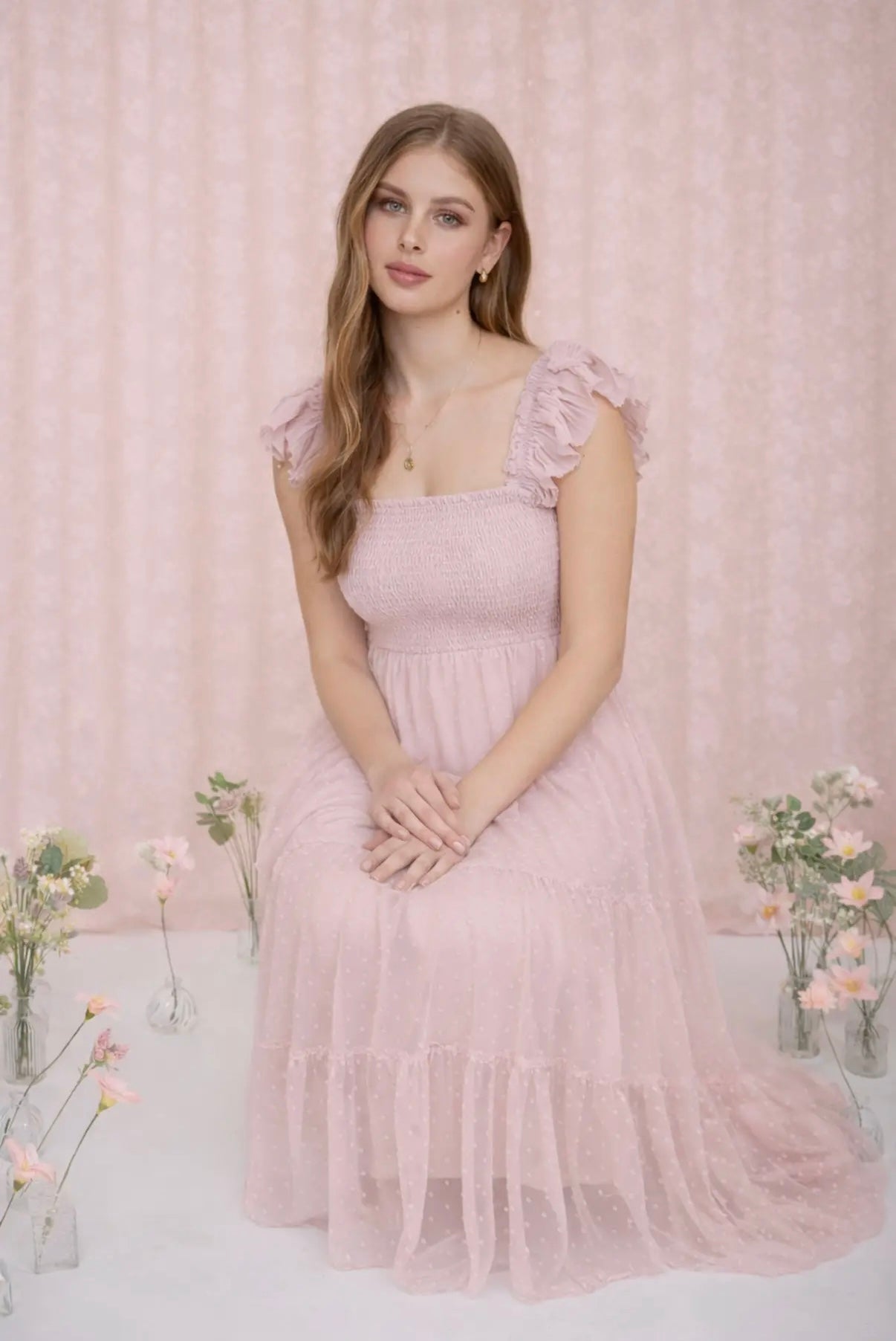 Pink Blooms Tiered Midi Dress