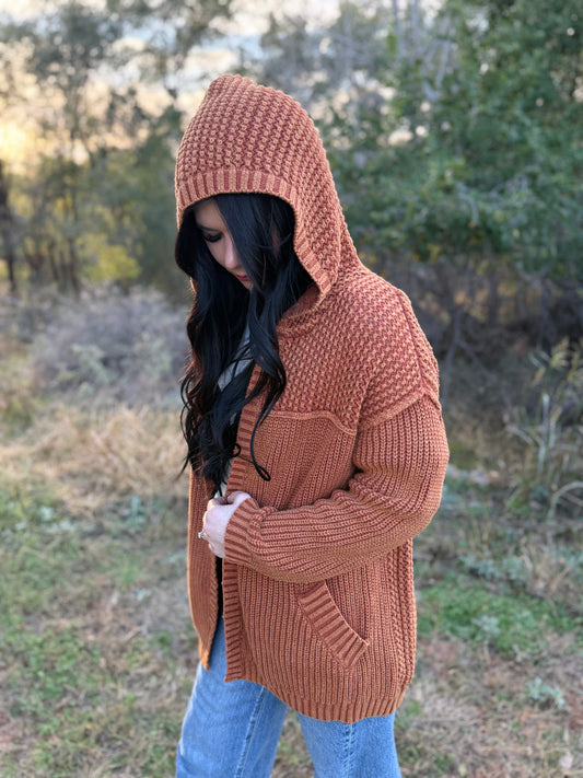 Washed Chestnut Hooded Cardigan Sweater