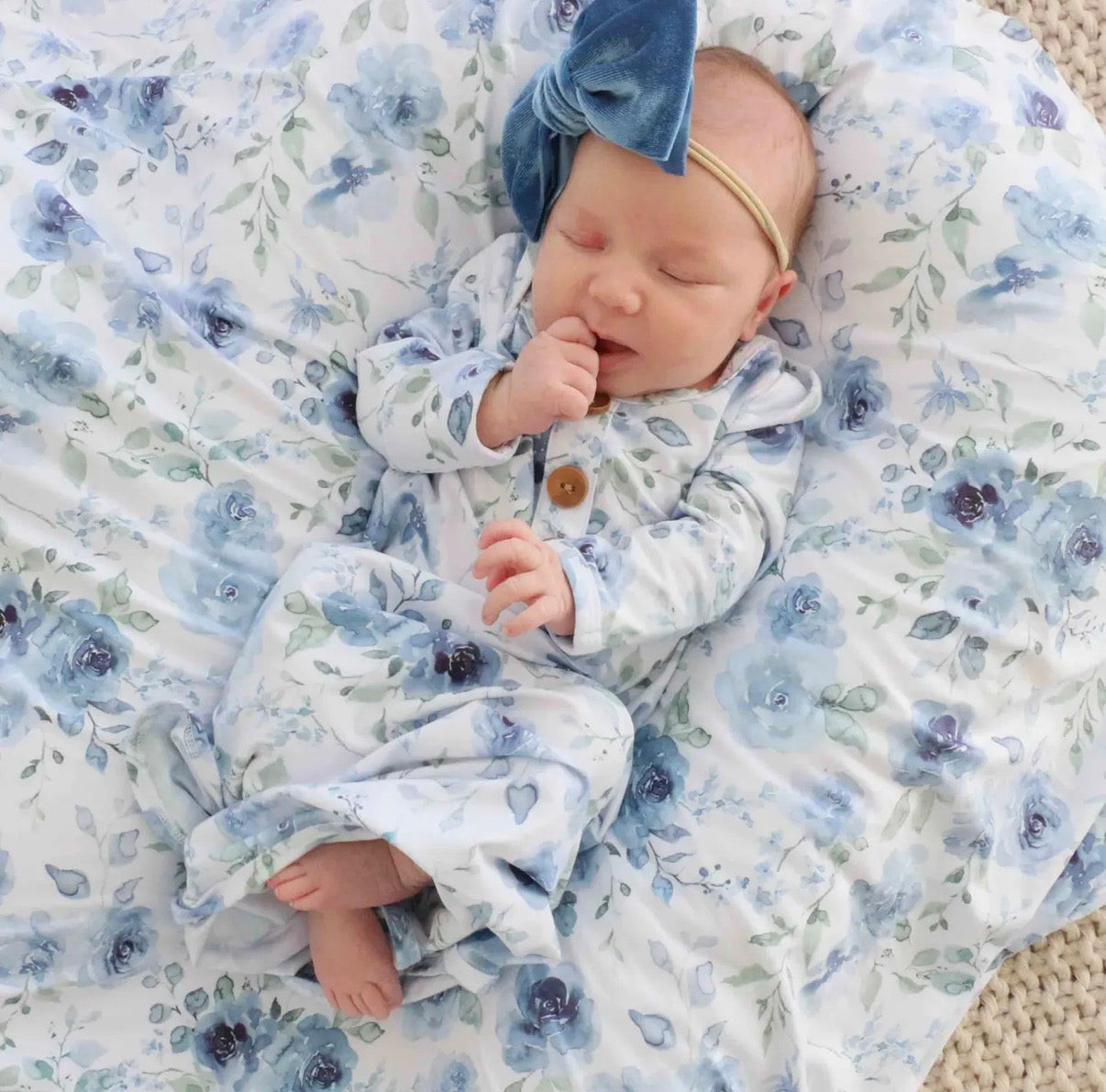 Bailey’s Blue Floral Baby Knot Gown and Hat Set