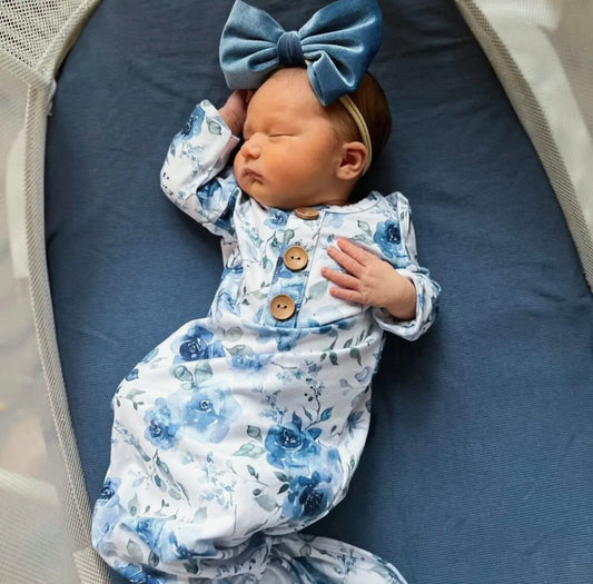 Bailey’s Blue Floral Baby Knot Gown and Hat Set