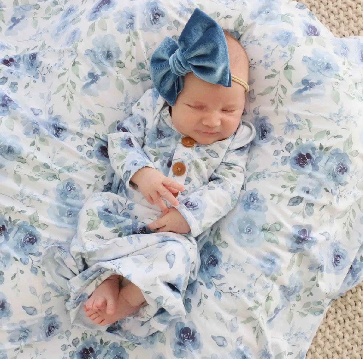 Bailey’s Blue Floral Baby Knot Gown and Hat Set
